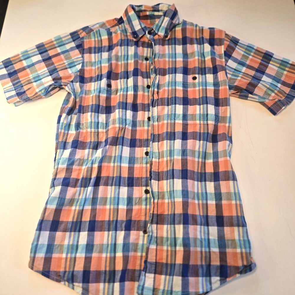 Plaid Collared Short Sleeve Mens Work Shirt Size Medium - Picture 1 of 7